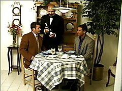 Muscular guys fuck at dinner